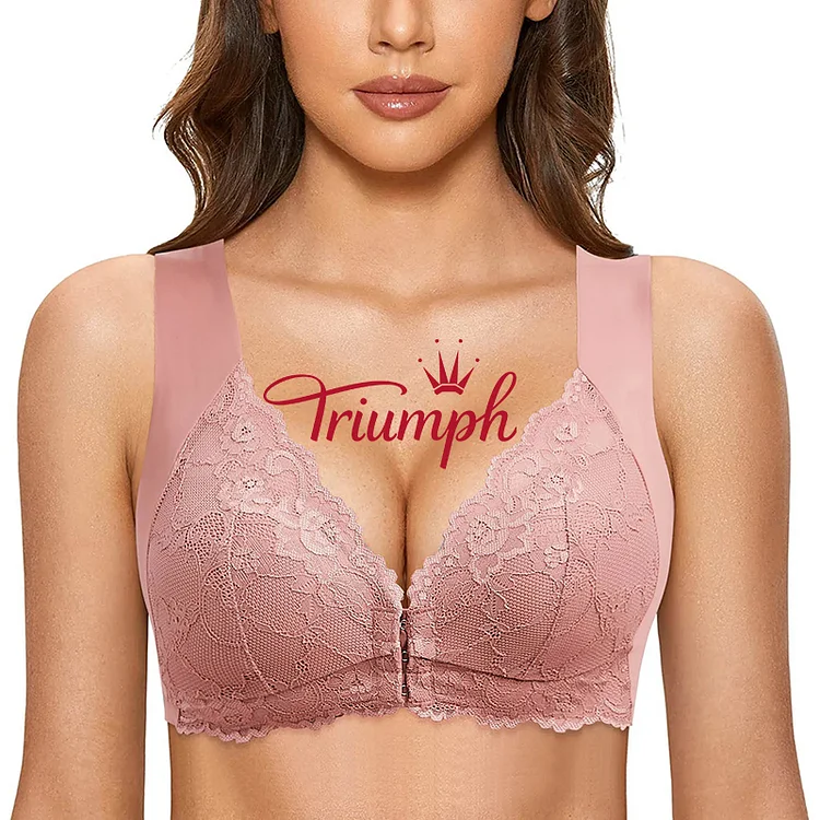 【德國Triumph】同款 超薄性感蕾絲無鋼圈胸罩 前扣聚攏收副乳上托胸罩，美背無痕文胸！