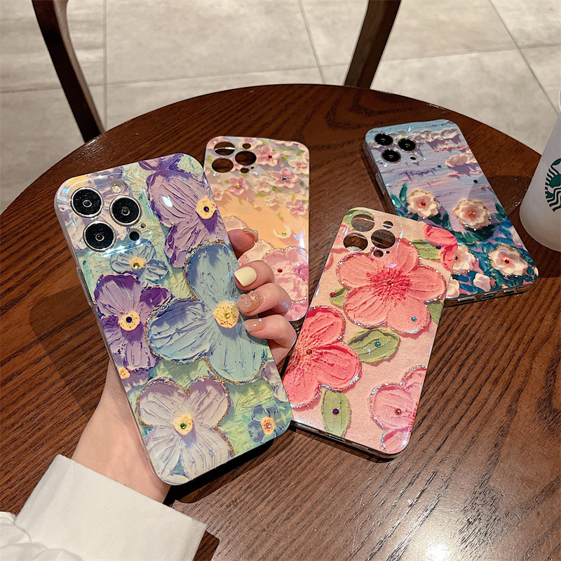 復古小清新~ iPhone新款 - 藍光水鑽油畫花朵手機殼