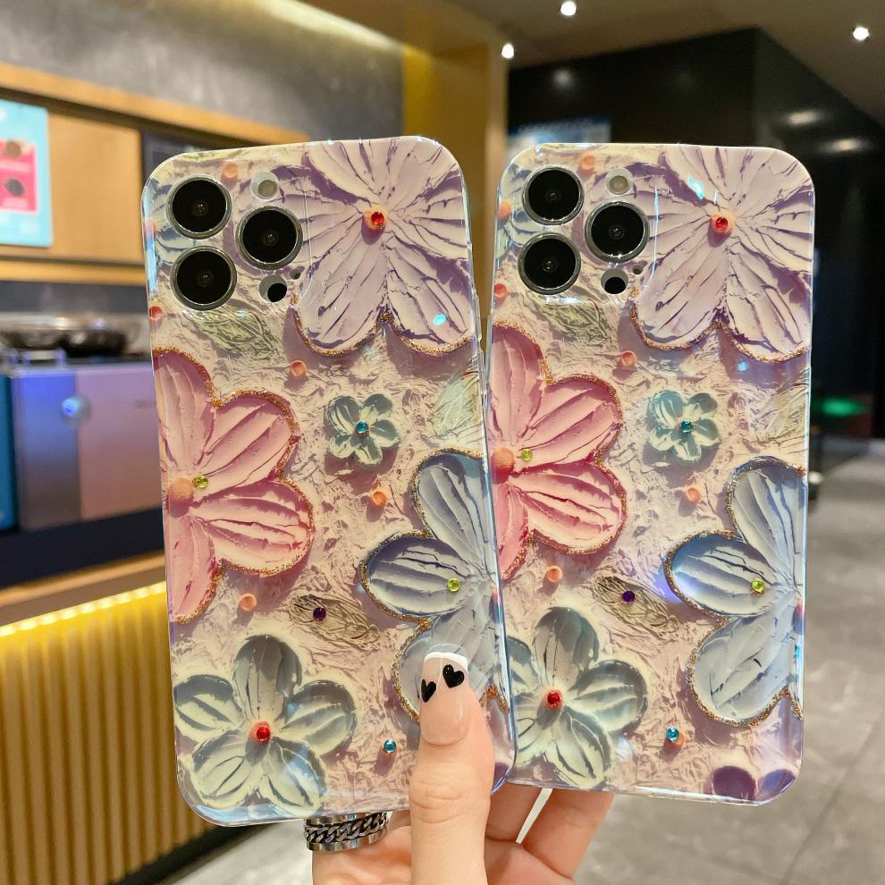 復古小清新~ iPhone新款 - 藍光水鑽油畫花朵手機殼