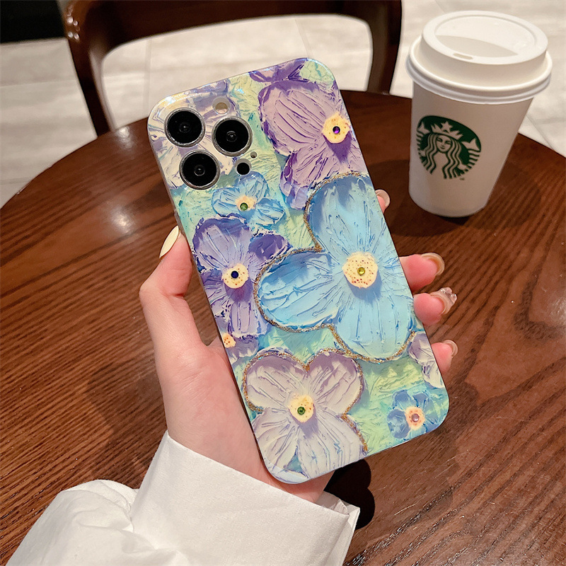 復古小清新~ iPhone新款 - 藍光水鑽油畫花朵手機殼