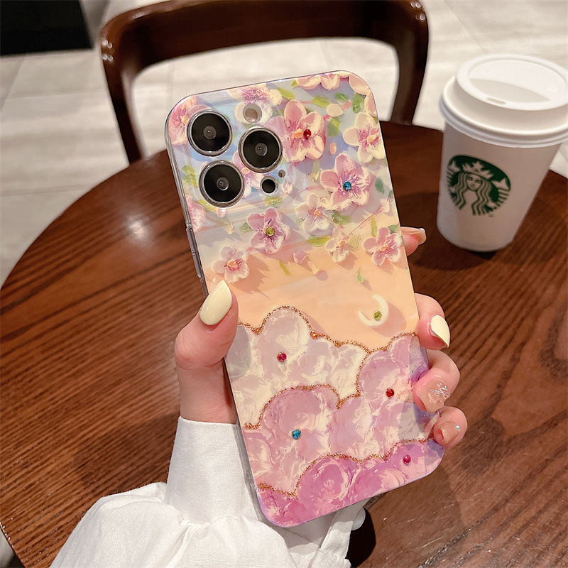 復古小清新~ iPhone新款 - 藍光水鑽油畫花朵手機殼