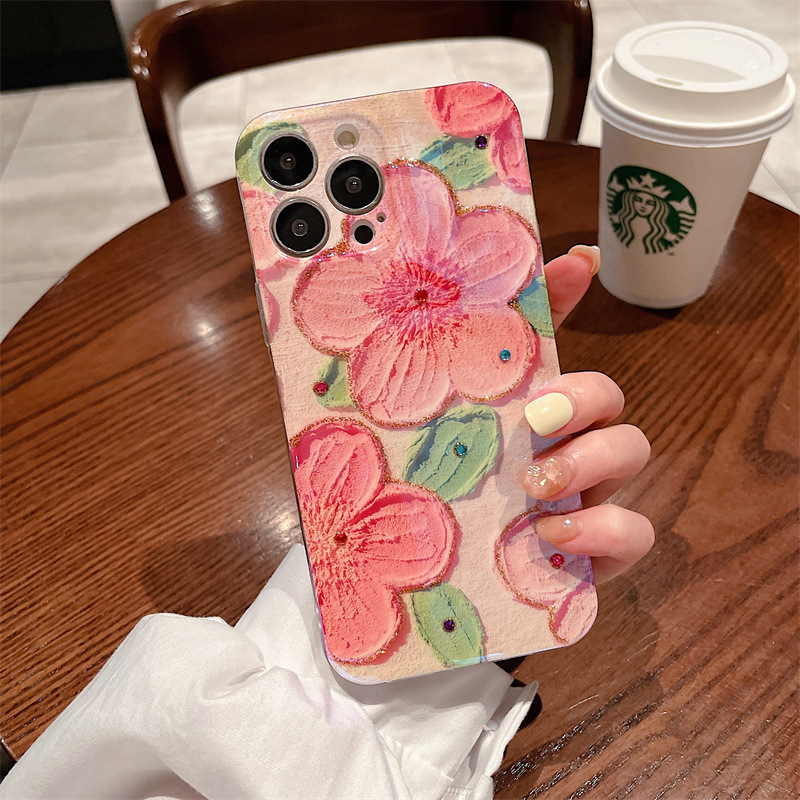 復古小清新~ iPhone新款 - 藍光水鑽油畫花朵手機殼