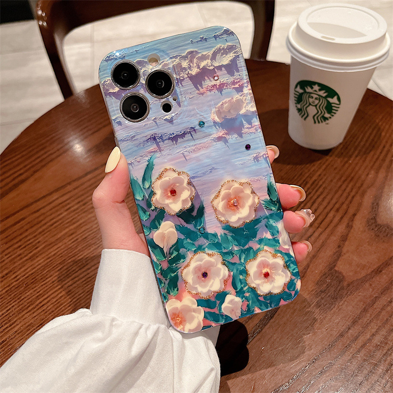 復古小清新~ iPhone新款 - 藍光水鑽油畫花朵手機殼