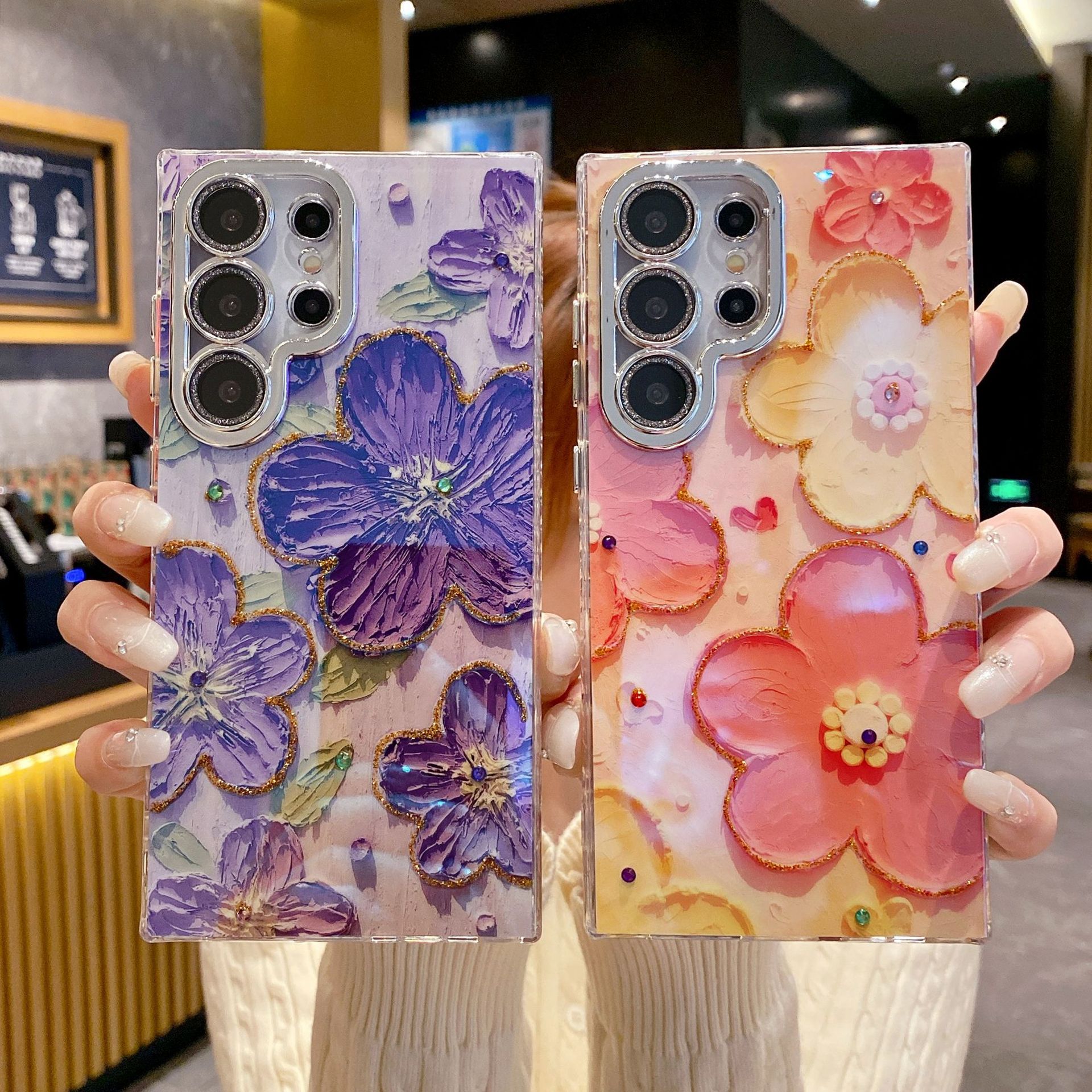 2025新款三星鉆石鏡頭油畫花朵手機殼