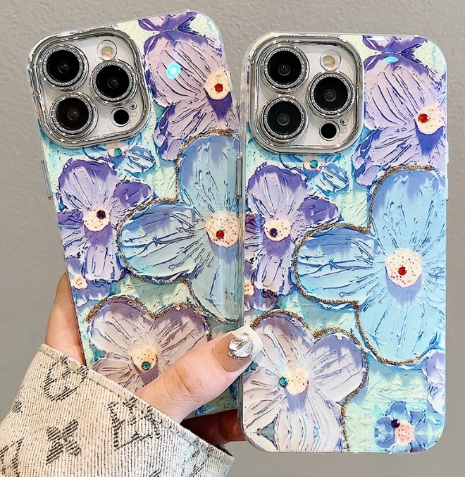【Ins熱銷油畫風】油畫花卉水鑽鑲嵌鏡頭保護鏡頭iPhone手機殼
