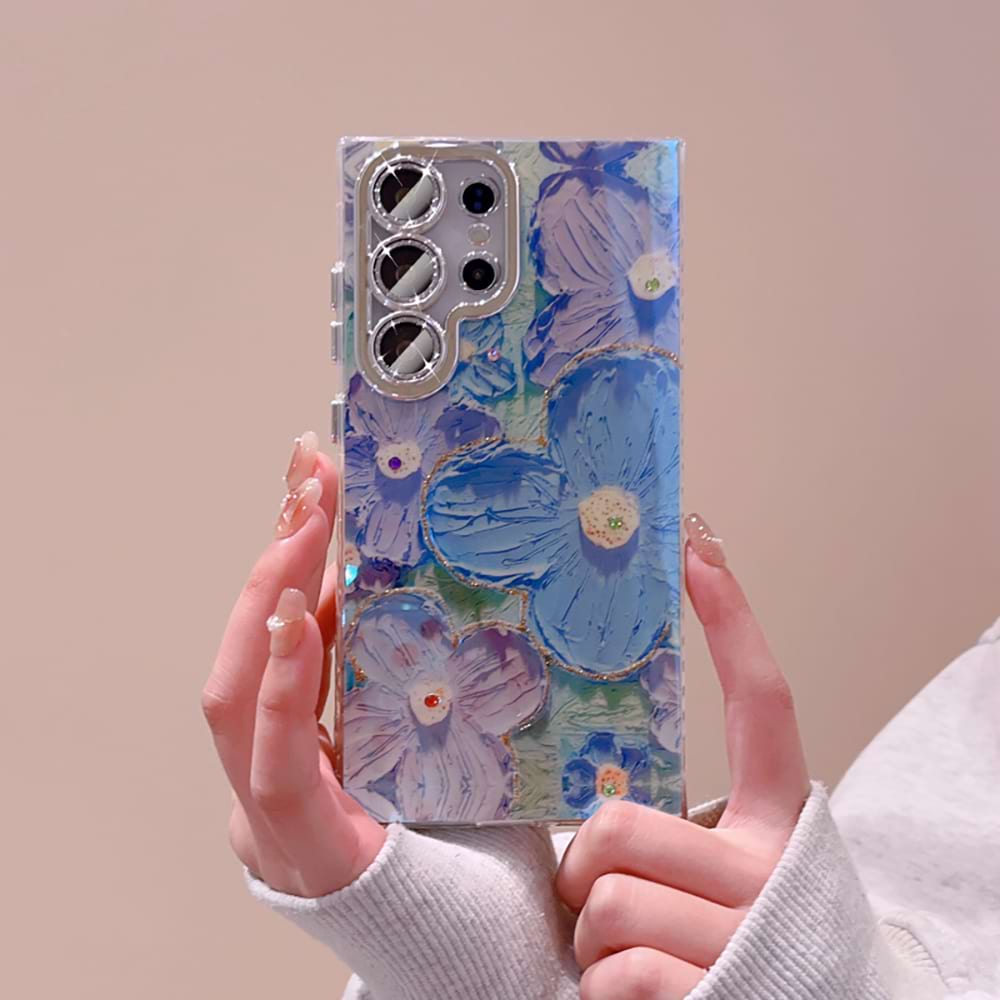 【Ins熱銷油畫風】油畫花卉水鑽鑲嵌鏡頭保護鏡頭Samsung手機殼