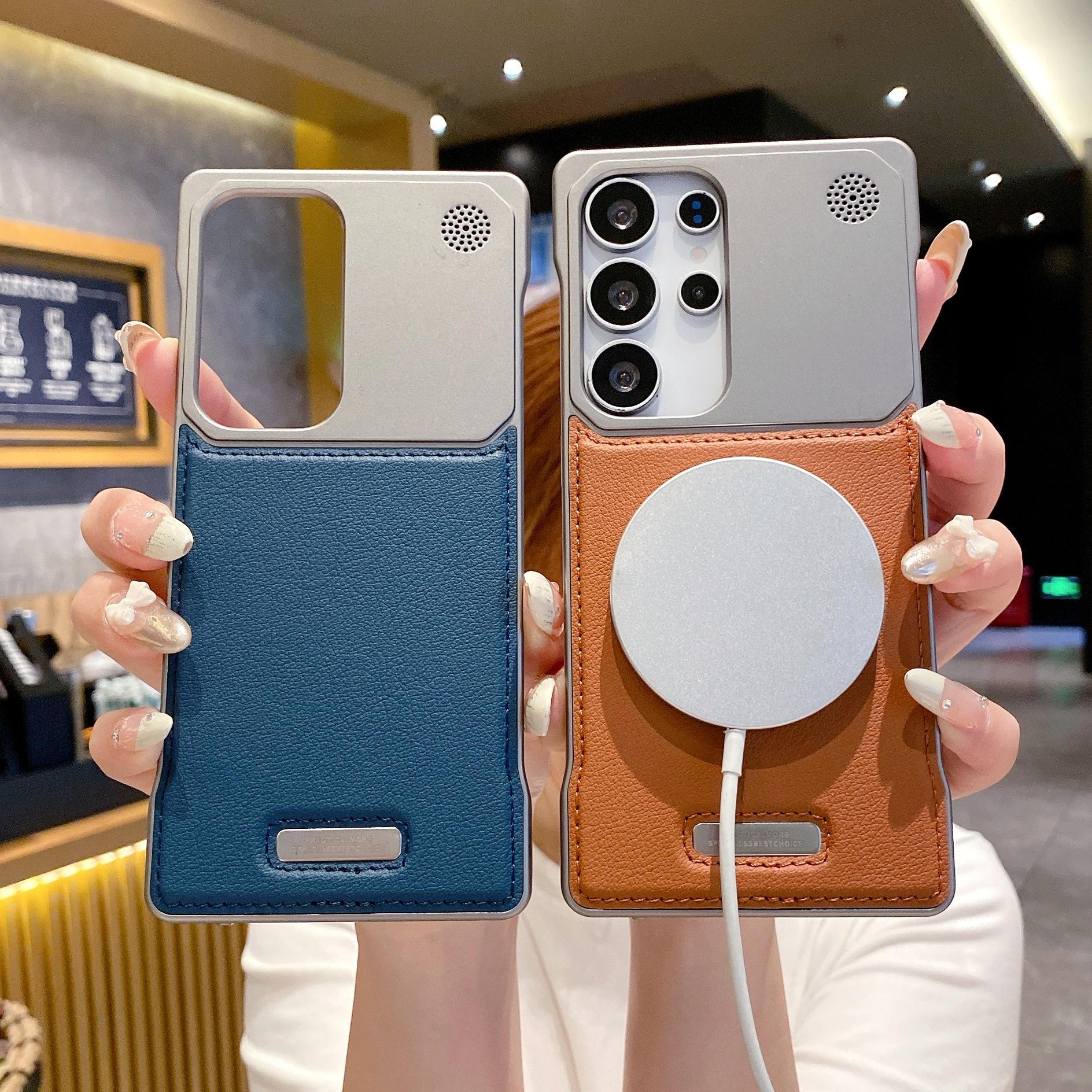 適用於iPhone Samsung香薰皮革金屬無邊框磁吸防摔保護套