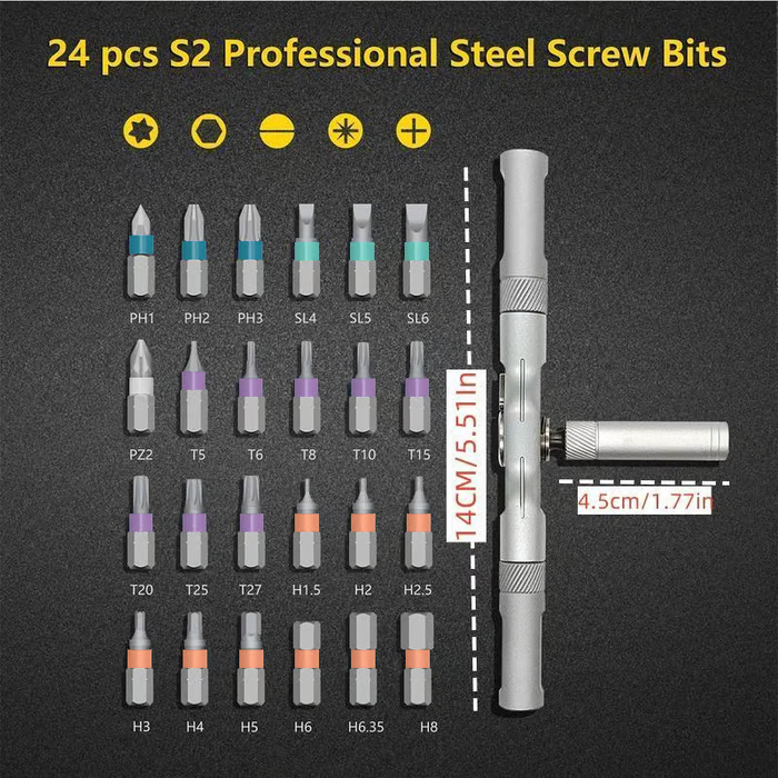 【專業級便攜】24合1磁性棘輪起子工具箱 - 熱處理S2鋼3倍壽命，精修電腦電子、家具自行車必備- T型手柄槓桿省力，精準拆裝一件搞定